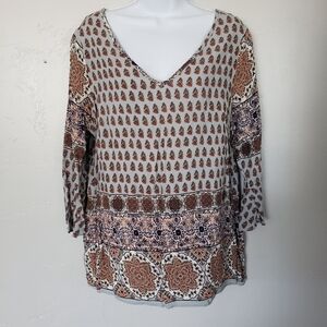 French Grey Women's 1X Long Sleeve Blouse V-neck Mixed Print Pattern Keyhole Top